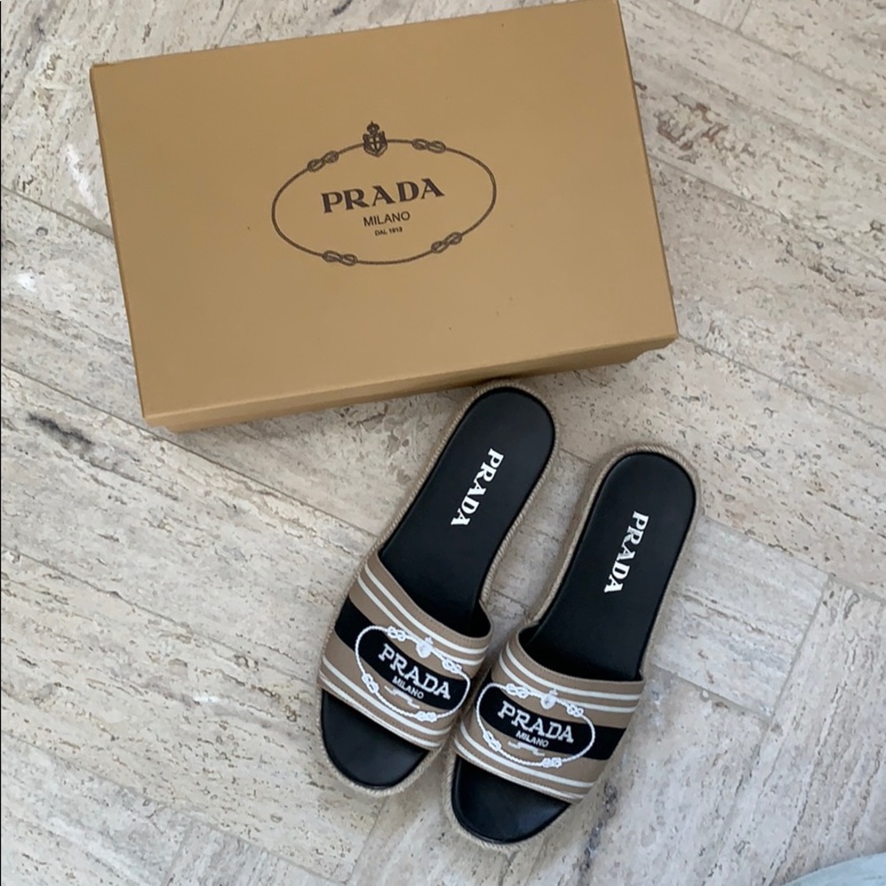Prada logo embroidered slide espadrille
